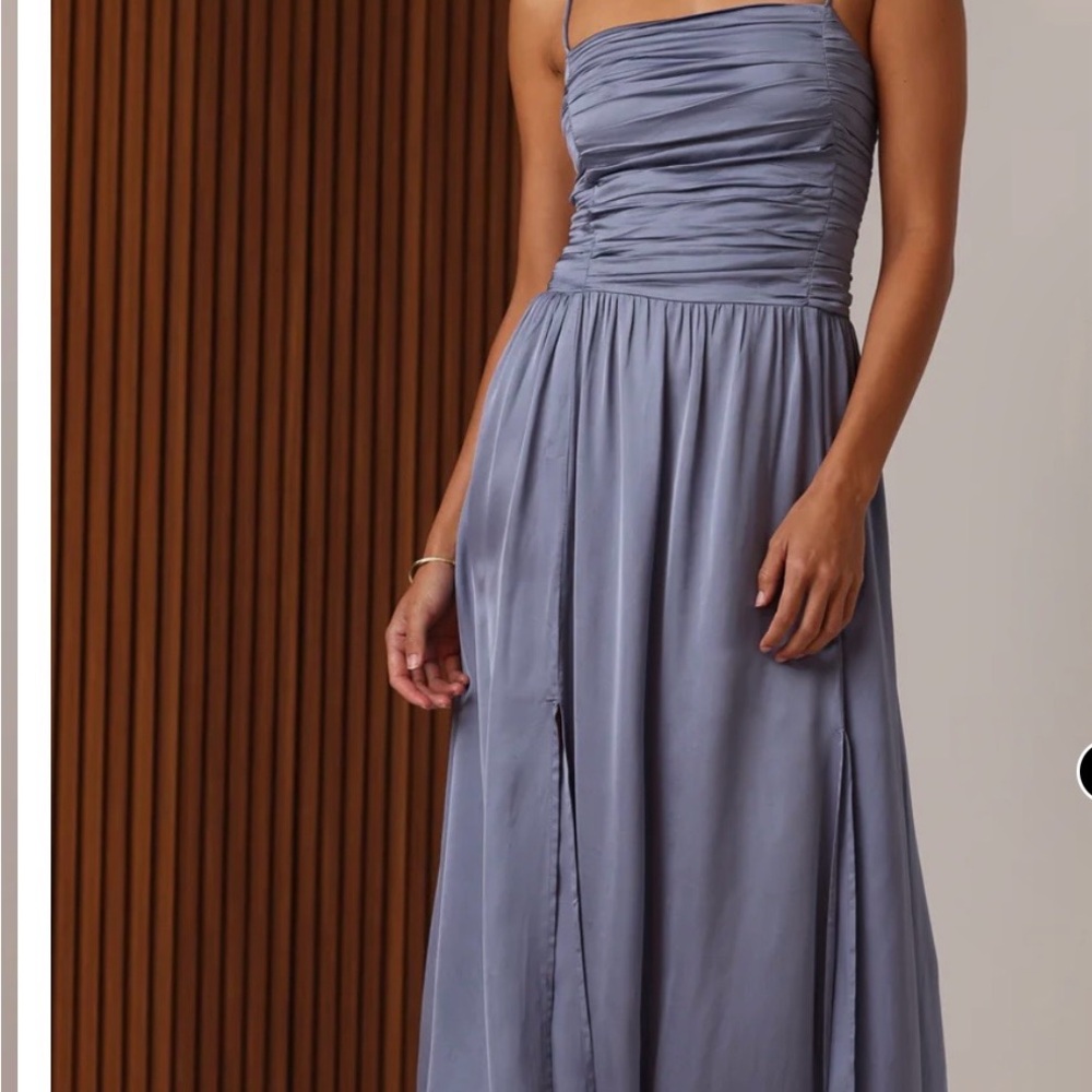 Strapless Ruched Bodice Satin Maxi Dress in Dusty Blue